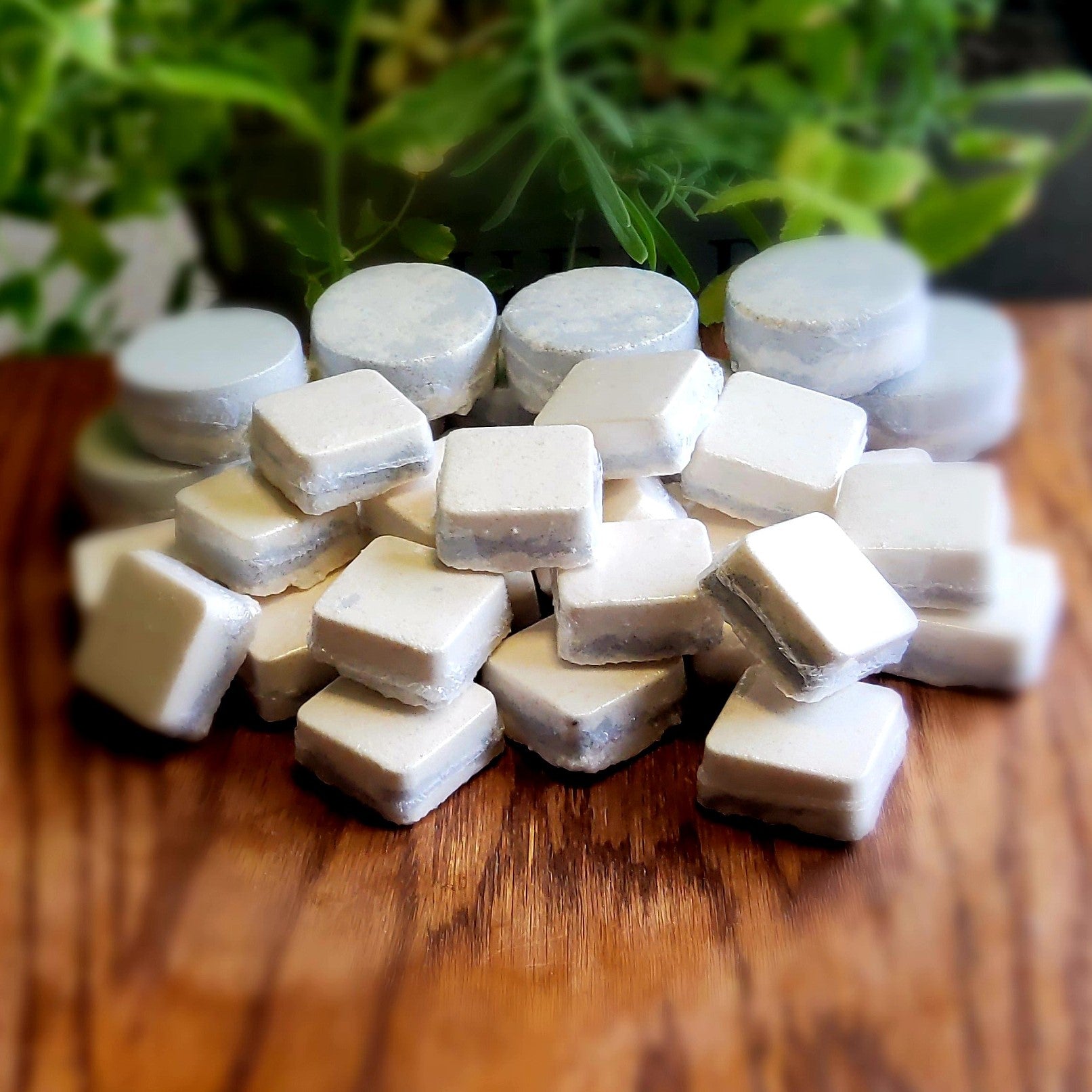 Square-shaped shower steamers colored with swirled colors of grey and peach mica handmade in small batches by Gothic & Ivy. With a grey planter behind them showcasing three different kinds of mint.