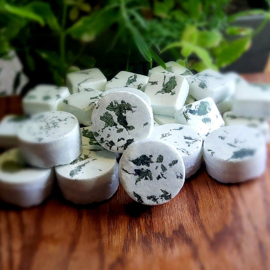 One inch round shaped shower steamers colored mildly with green natural mica topped with organically grown dried spearmint from the planter located behind them.