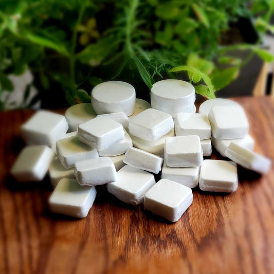 Square-shaped shower steamers colored mildly with natural grey mica topped with organically grown dried spearmint from the planter behind them. Handmade in small batches by Gothic & Ivy.