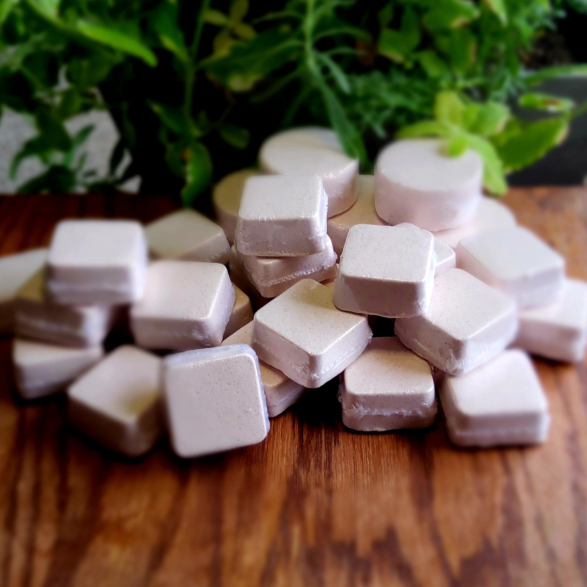 Square-shaped shower steamers colored with a sandstone copper with flecks of orange glitter handmade in small batches by Gothic & Ivy. With a grey planter behind them showcasing three different kinds of mint.