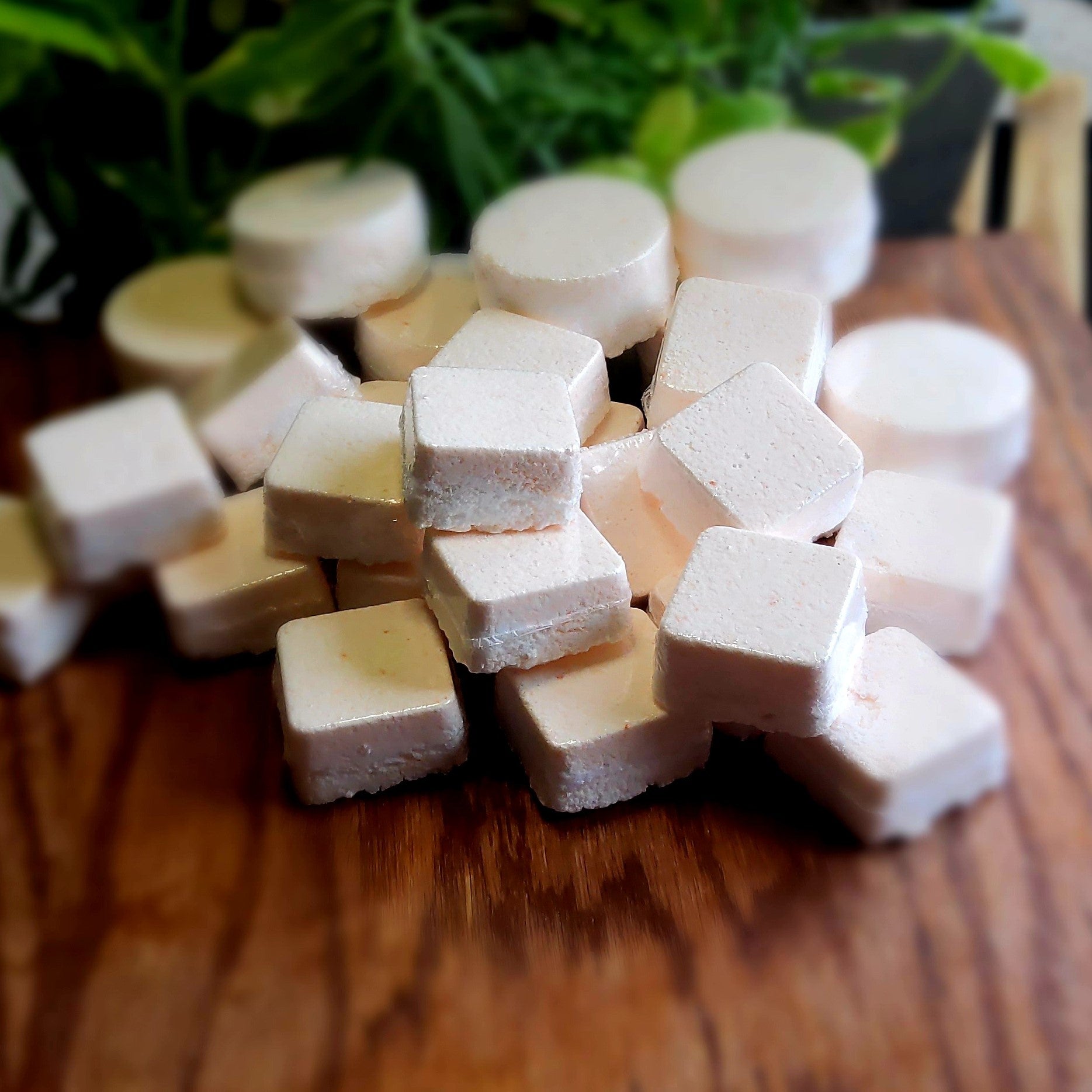 Square-shaped shower steamers colored with orange and vanilla mica, handcrafted in small batches by Gothic & Ivy. With a grey planter behind them showcasing three different kinds of mint.